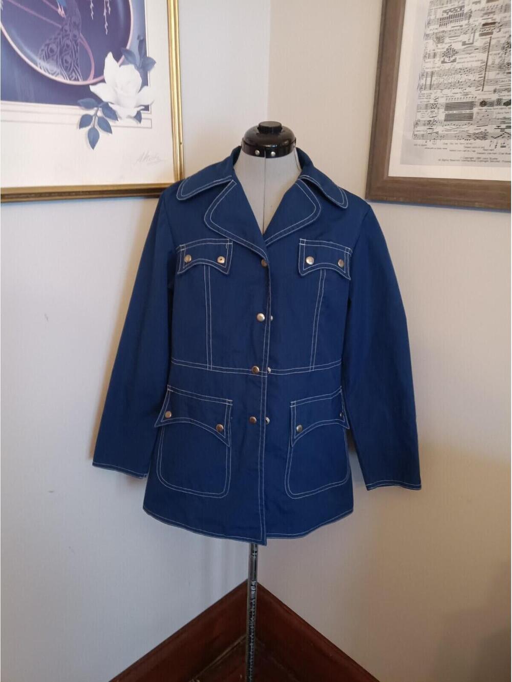 1970s Blue Rain Coat JC Penney's Women's Jacket With White Stitching Size 14